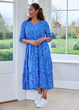Load image into Gallery viewer, DREAMS Dotty Tropical Palm Tiered Dress - Blue