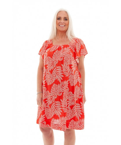 Dreams Mandarine Linen Mix Dotty Leaf Print Angel Sleeve Dress