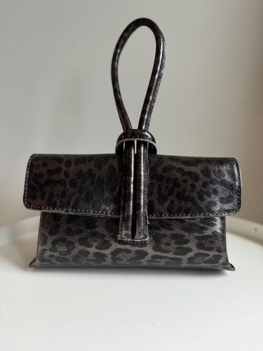 Grey Leather Leopard Print Loop Handle Bag
