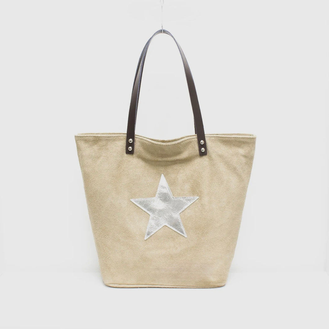 Made in Italy Suede Leather Beige Star Shopper
