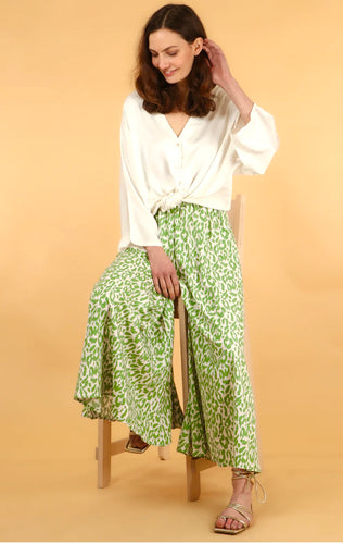 Sarta Two Tone Leopard Print Palazzo Trousers - Green