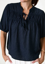 Load image into Gallery viewer, DREAMS Textured Tie Neck Shirred Blouse - Navy