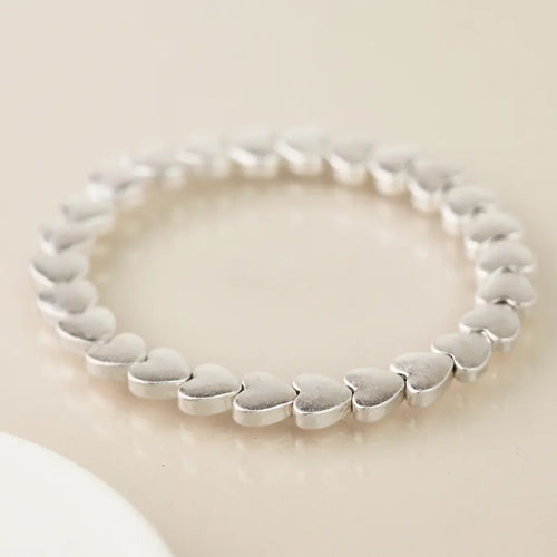 POM Worn Silver Smooth Hearts Beaded Stretch Bracelet