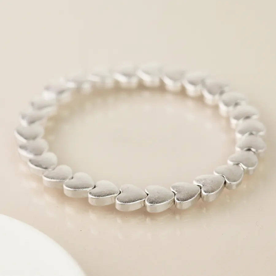 POM Worn Silver Smooth Hearts Beaded Stretch Bracelet