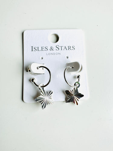 Shiny Texture Hanging Star Earrings - Silver