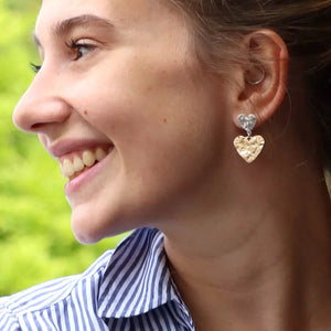 POM Silver Plated & Faux Gold Worn Finish Double Heart Drop Earrings
