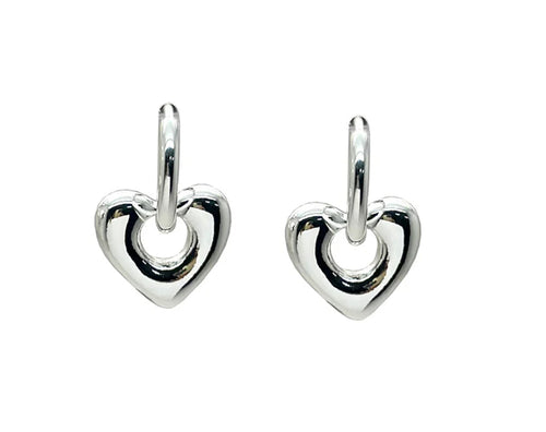 Silver Heart Drop Hoop Earrings