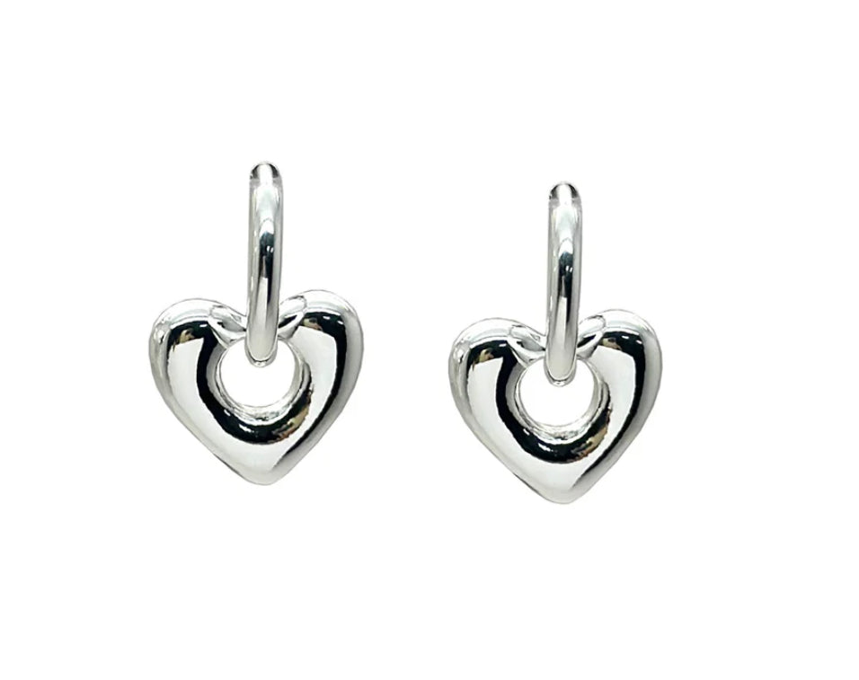 Silver Heart Drop Hoop Earrings