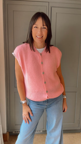 Mohair Blend Button Trough Ribbed Edge Waistcoat - Candy Pink