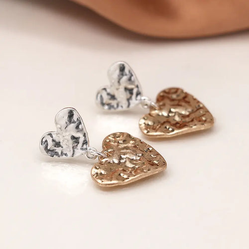 POM Silver Plated & Faux Gold Worn Finish Double Heart Drop Earrings