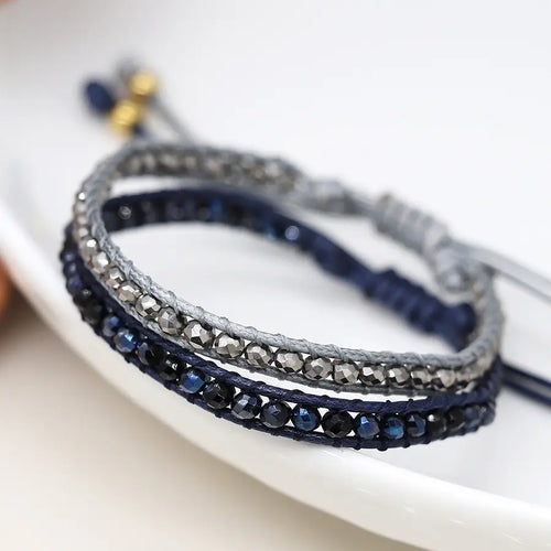 POM Double Adjustable Beaded Bracelet in Navy & Grey