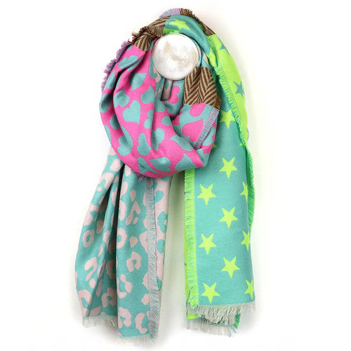 POM Reversible Green Mix Star, Heart & Leopard Scarf