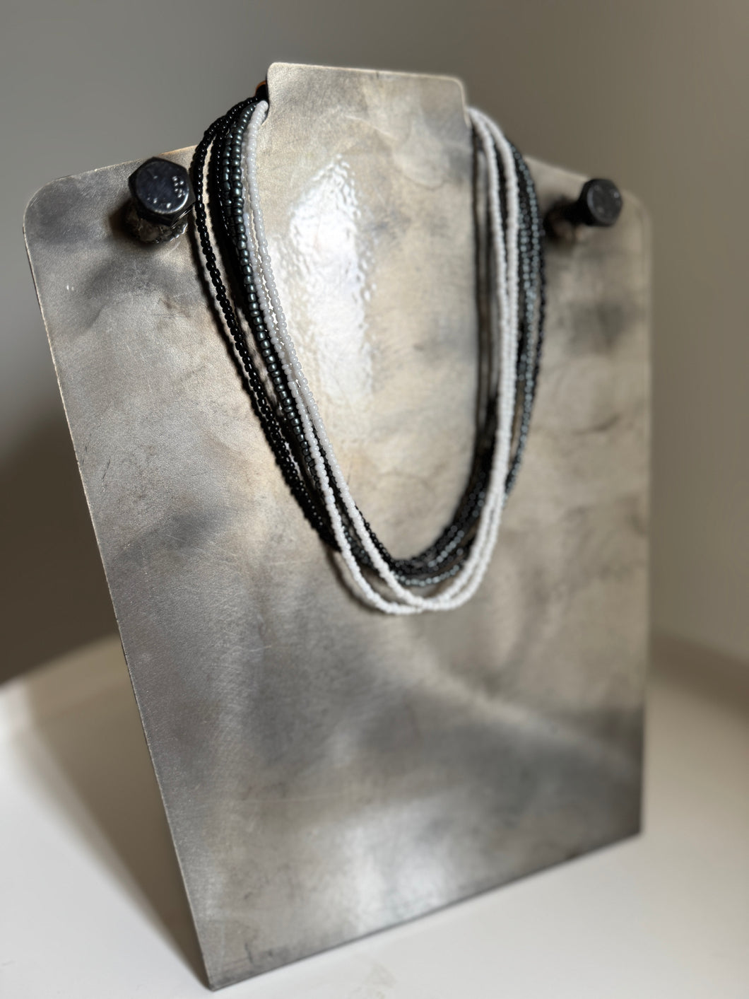 Black/Silver/White Rice Bead Multi Layered Necklace