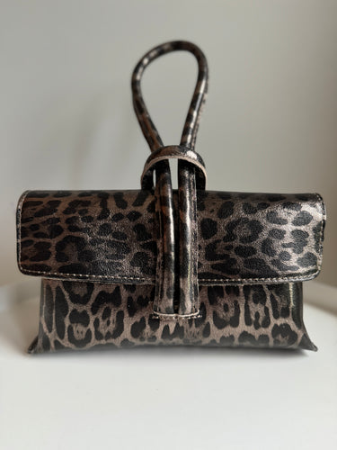 Dark Gold Leather Leopard Print Loop Handle Bag