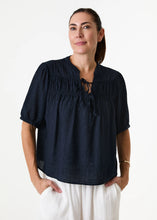 Load image into Gallery viewer, DREAMS Textured Tie Neck Shirred Blouse - Navy