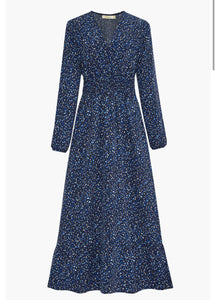 Blue Speckled Print Maxi Dress with Shirring