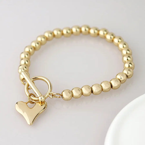 POM Golden Bead & Heart Charm T-Bar Bracelet
