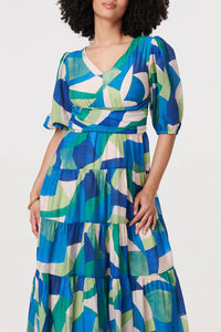 Abstract Puff Sleeve Tiered Maxi Dress - Green/Blues