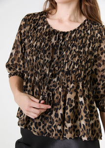 Dreams Leopard Print Chiffon Tie Front Shirring Blouse