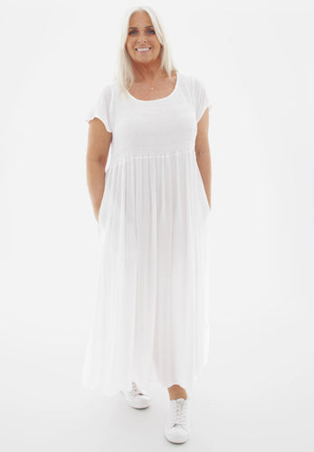 Dreams Viscose Crepe Shirred Bodice Dress - White