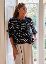 Load image into Gallery viewer, Dreams Polka Dot Shirred Body Tie Front Top - Black
