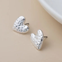 Load image into Gallery viewer, POM Silver Plated Worn Hammered Heart Earrings