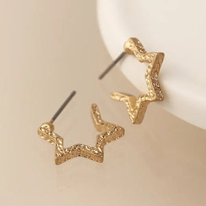 POM Golden Textured Star Hoop Earrings