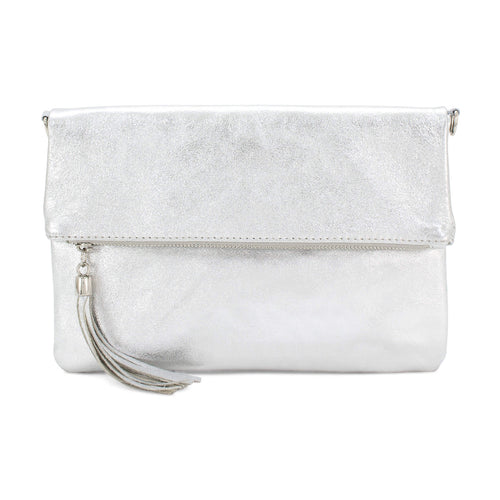 Silver Leather Fold Over Clutch Bag