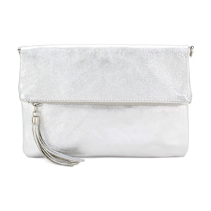 Silver Leather Fold Over Clutch Bag