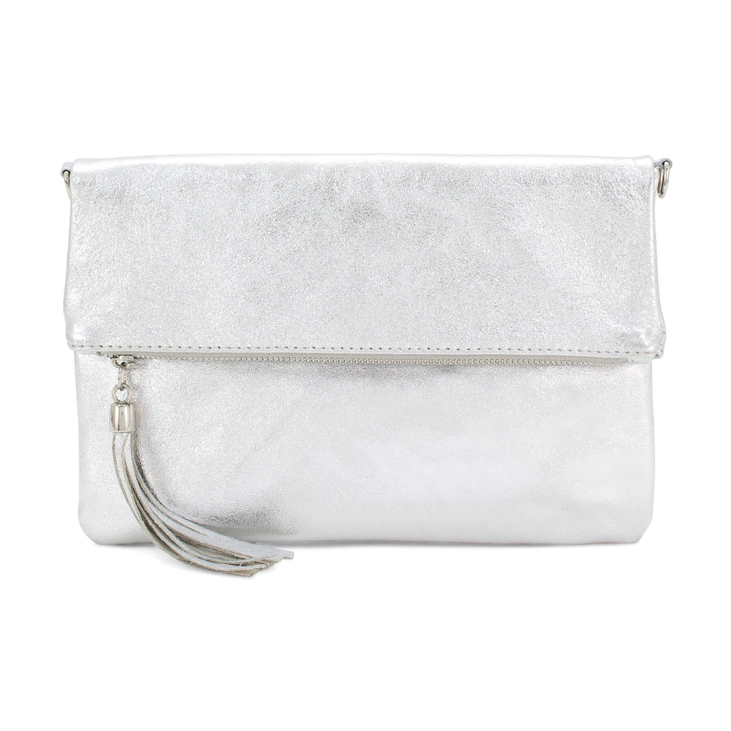 Silver Leather Fold Over Clutch Bag