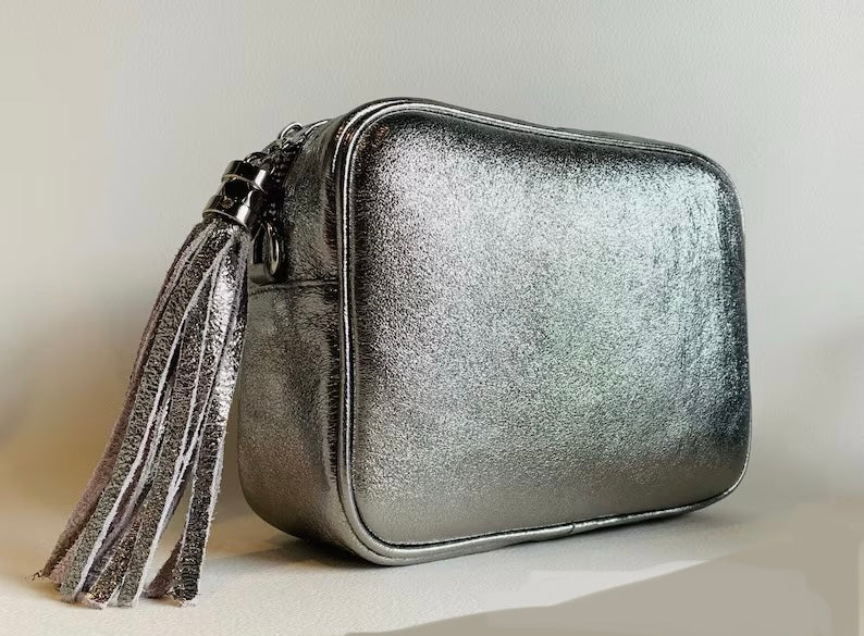 Metallic Grey Leather Camera Bag