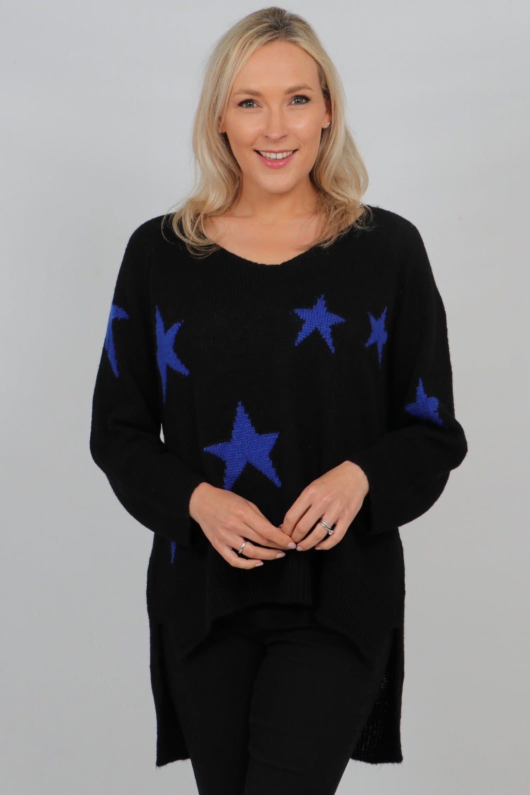 Black Royal Blue Wool Blend Scattered Star Jumper