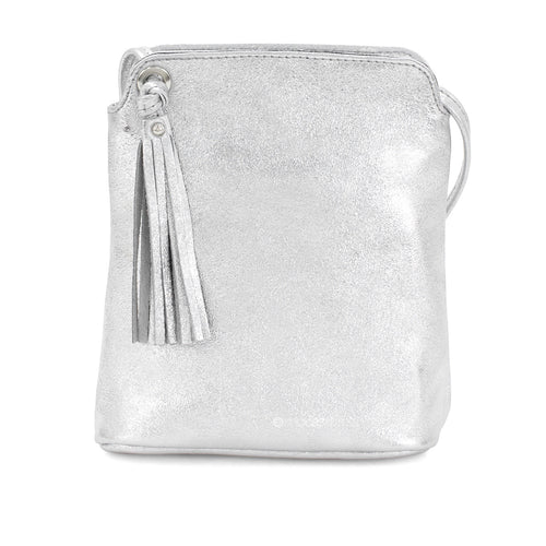 Silver Leather Tassel Crossbody Bag