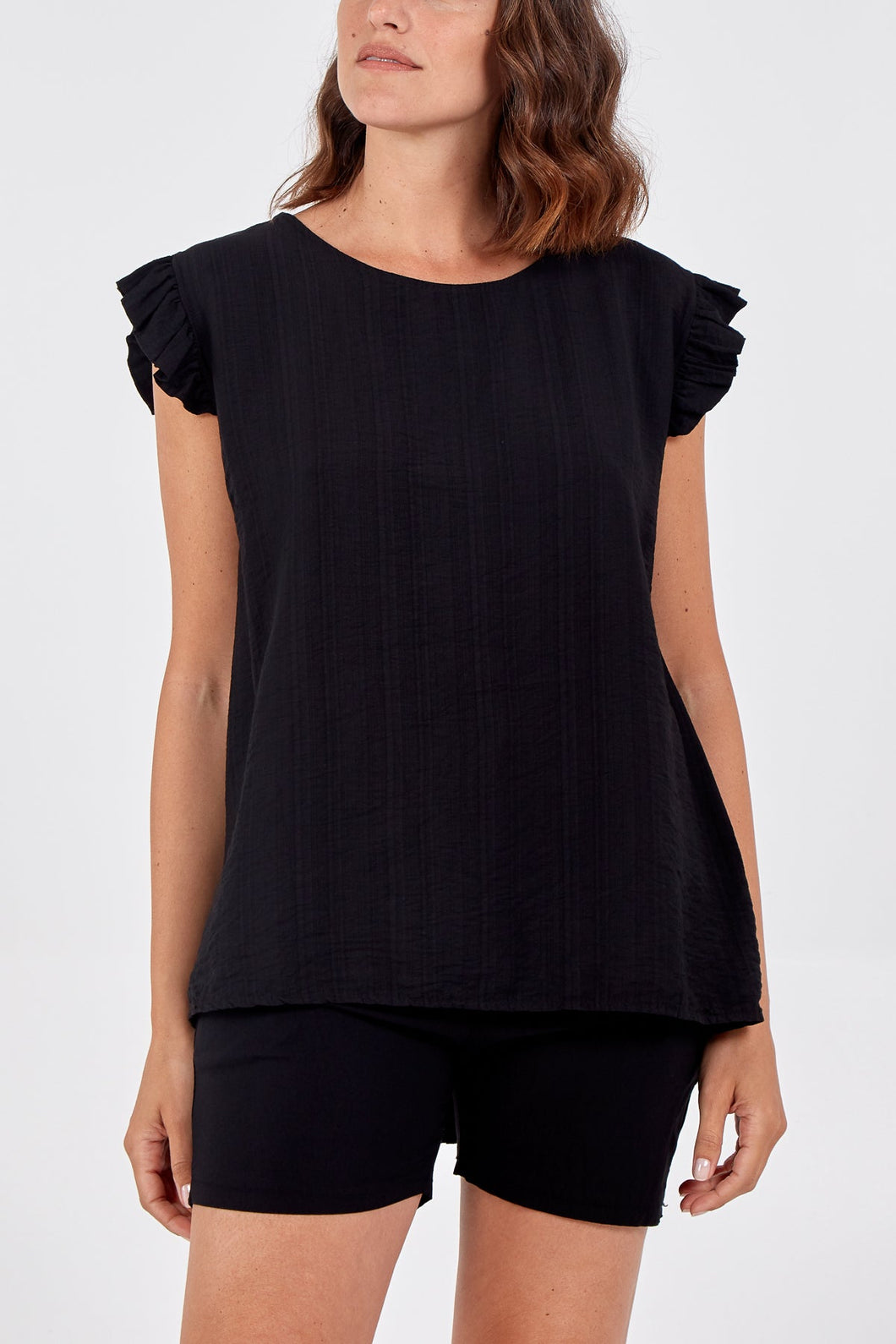 Black Frill Sleeve Button Back Top