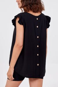 Black Frill Sleeve Button Back Top