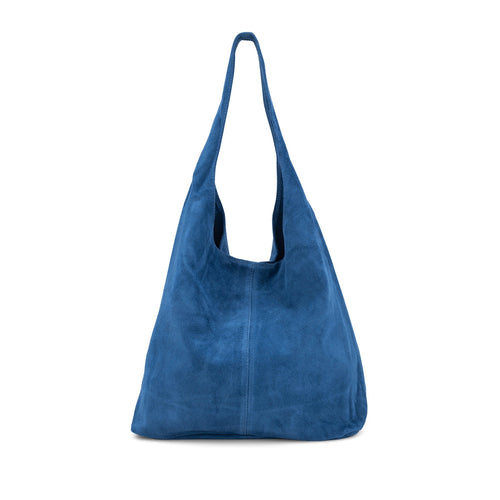 Italian Suede Leather Slouchy Hobo Bag - Denim Blue