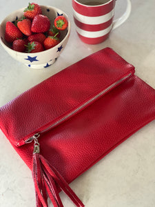 Red Leather Fold Over Clutch Bag