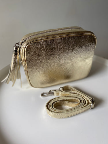 Gold Leather Cross Body Camera Bag