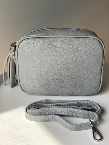 Pale Grey Leather Cross Body Camera Bag
