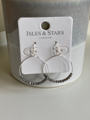 Silver Round Hoop Grey Bead Earrings