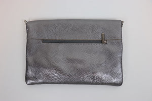 Metallic Grey Leather Fold Over Clutch Bag