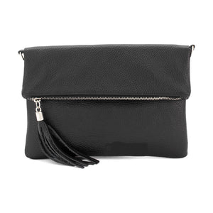 Black Leather Fold Over Clutch Bag