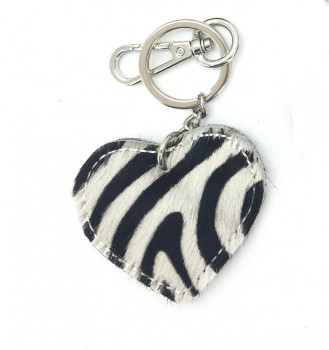 Leather Heart Zebra Print Keyring